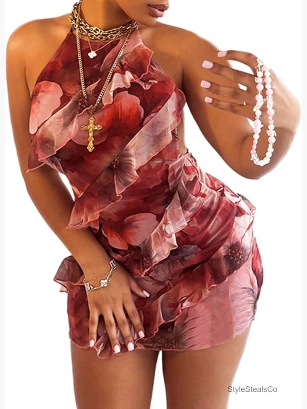 Halter Neck Backless Mini Dress Floral Layered Ruffle Bodycon Party